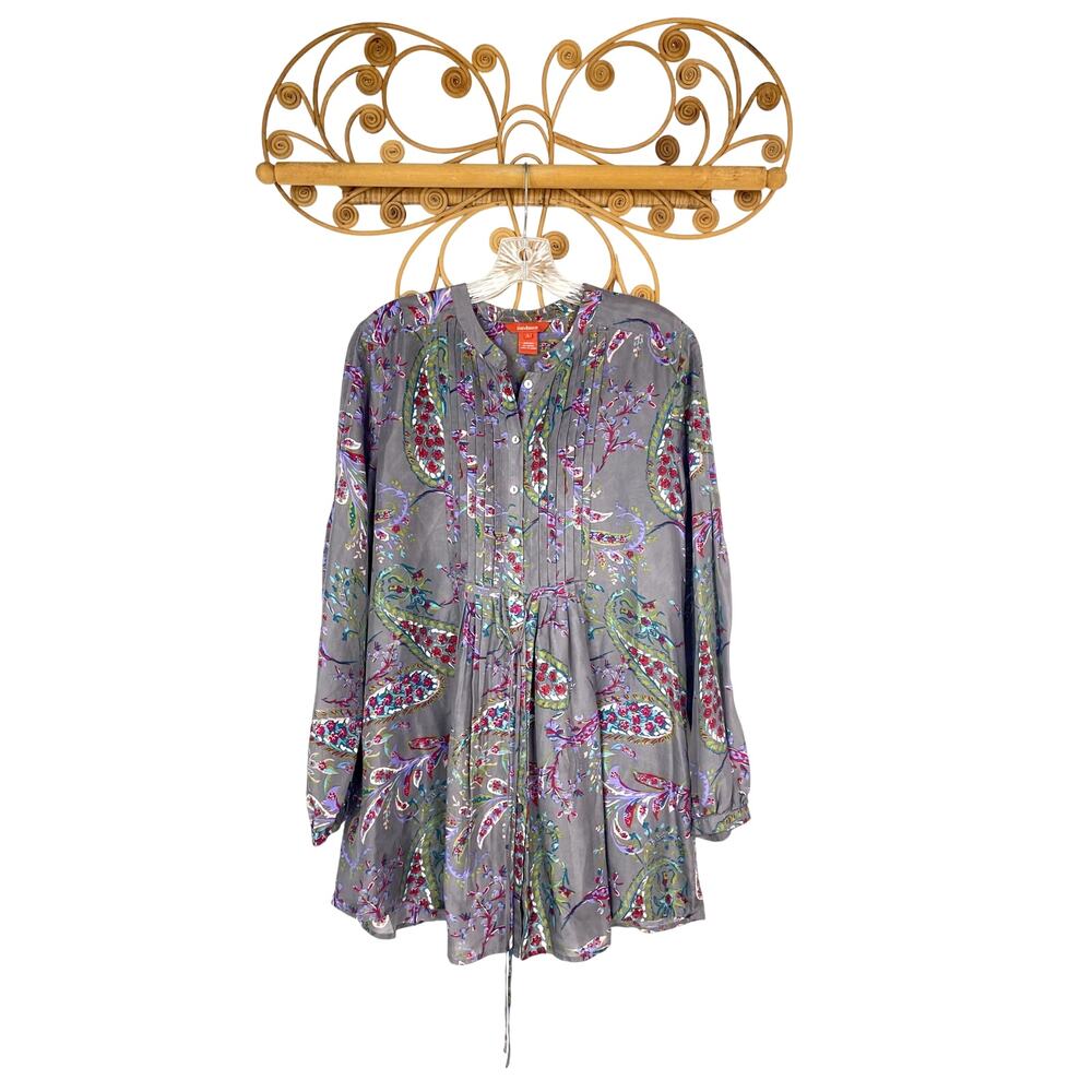 Sundance Gray Paisley Tunic Blouse with Pink & Green Accents